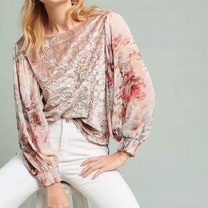 Anthropologie Sz M Velvet Floral Puff Sleeve Blouse EUC